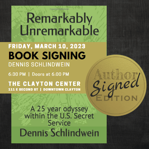 Graphic of book cover and info about Denny Schlindwein book signing on March 10