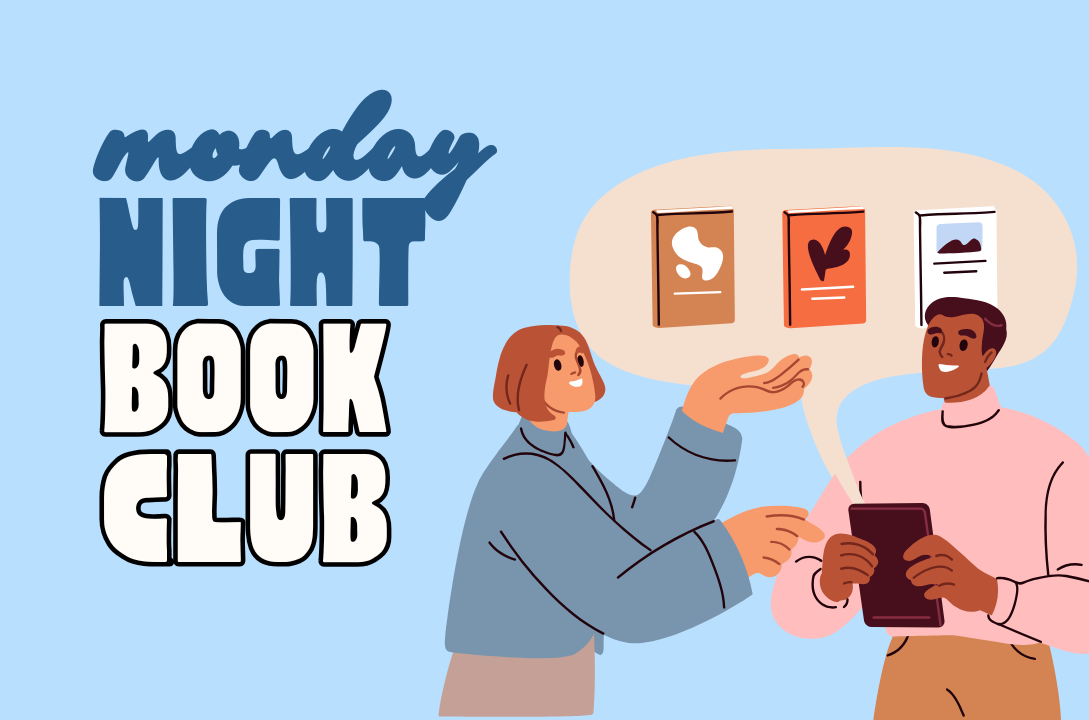 graphic of two people talking about books and text "monday night book club, 3rd monday"